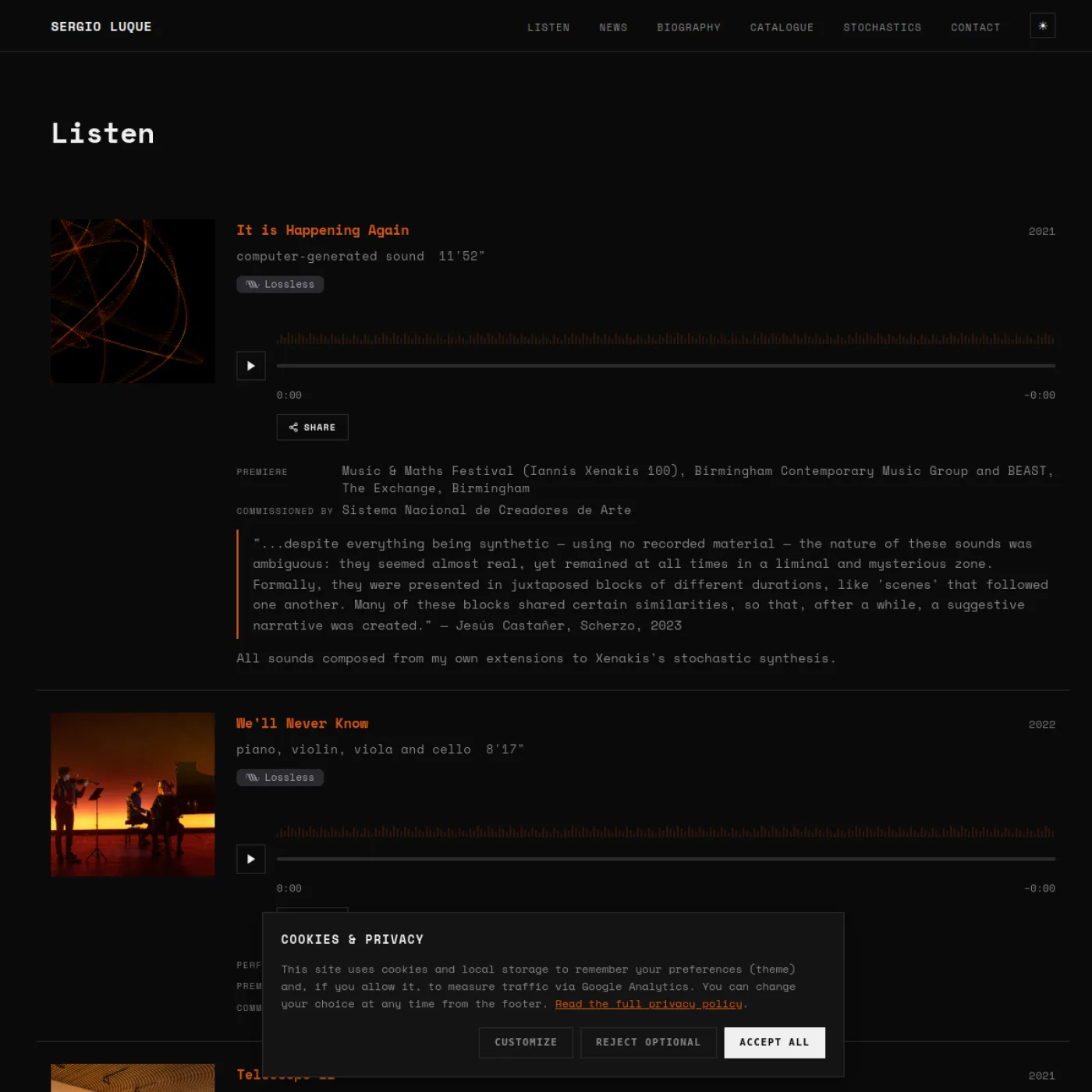 Sección Listen de sergioluque.com con el reproductor de audio a la medida